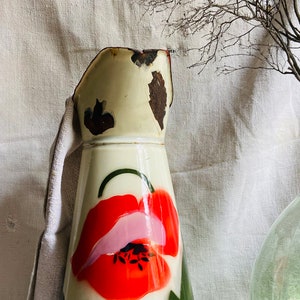 Large vintage enamel water pitcher with red poppy design and cream background from France shabby chic kitchen French farmhouse 1900s period