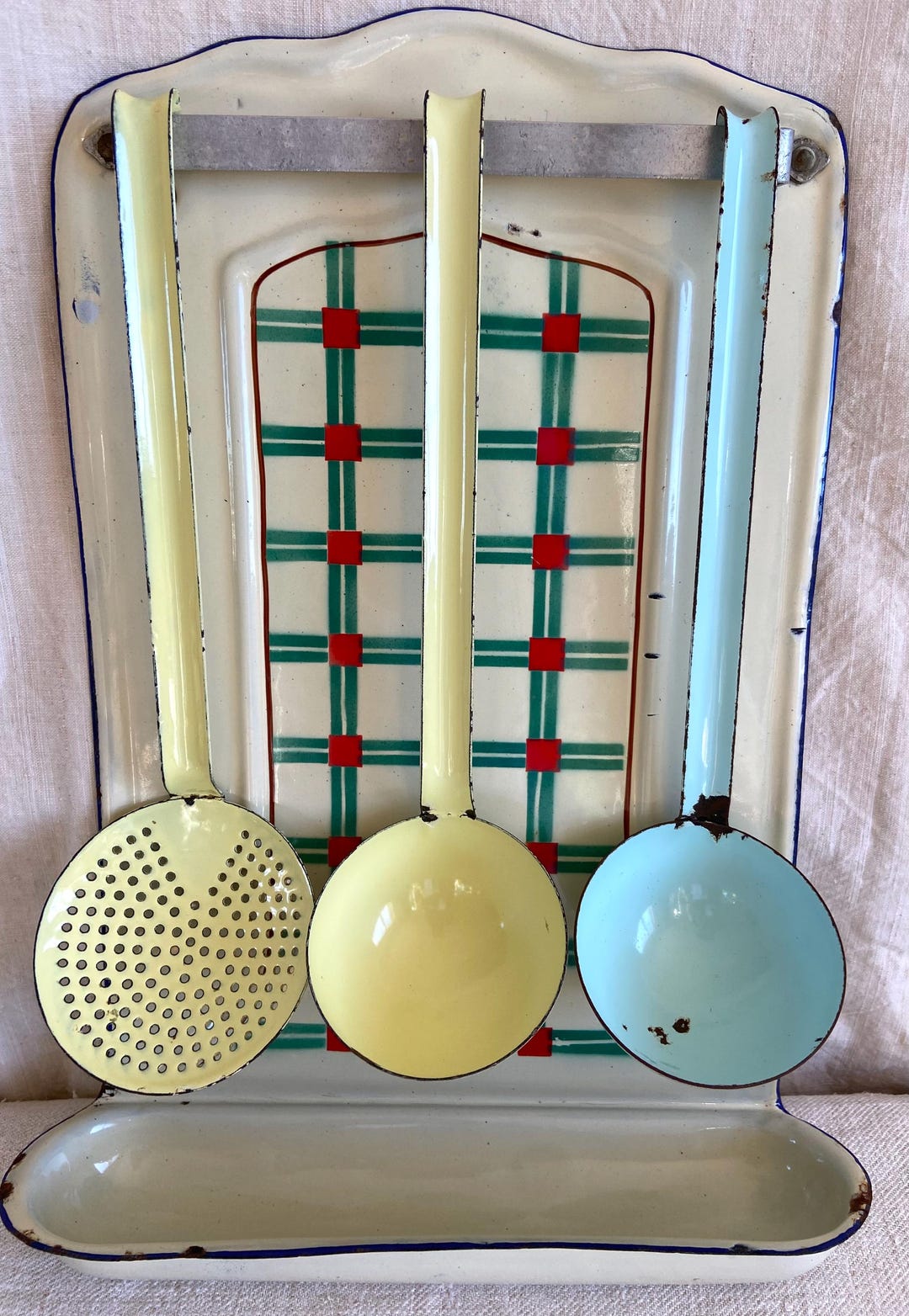 Antique Utensil Rack Antique Enameled Kitchen Utensil Holder With 2 Ladles and 1 Skimmer ...