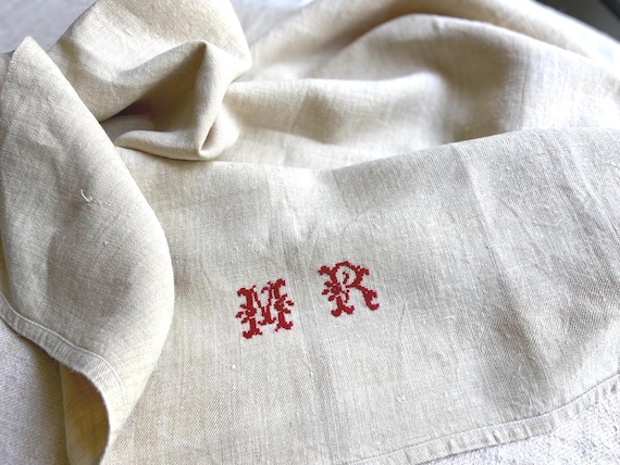 Rare Find! Large Antique Heavy Pure Hemp Bath Towels, Rhine Red Cross Stitch Monogram MR, Authentic Heavy Home Weave Linens France, 1900