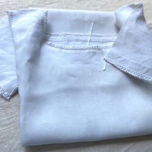 Hand Gathered French Antique Pure Hemp Linen Chemise or Nightgown, Authentic Rustic Dress, Cross Stitched Monogram MP, Crochet Edge 1900s