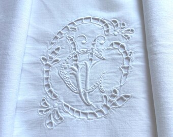 Hand Gathered French Antique Metis Linen Long Bolster Case, Embroidered Pulled Thread, Cut Work Medallion, Monogrammed VC 1900