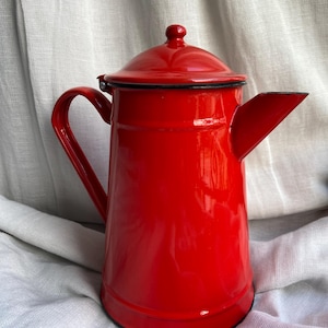 One Bright Red Vintage Enamel Kettle, Pitcher from France, Tea Pot, Shabby Chic Kitchen Coffee Maker, French Country Farmhouse, 1930s period