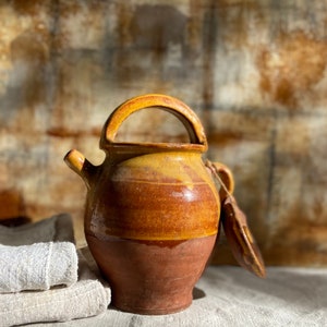 Rare Find! One Antique Yellow Water Jug with Lid Ochre Glaze Handmade Earthenware Authentic French Country Farm Kitchen Gargoulette 1900s
