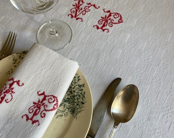 One Embroidered Cotton Damask Weave Linen Rectangle Tablecloth with Checker Motif Handmade Rhine Red Cross Stitched Monogram V P 1900s