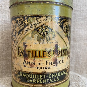 Olive Green Round Vintage Tin Box with Lid, French Kitchen Decor, Metal Storage, Pastilles Cristal de Provence, Bonbons from Provence, 1930s