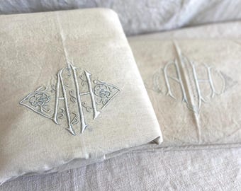 Drap de lin ancien en lin pur lin XXL, lin écru naturellement beige, monogramme AH brodé à la main, 1900