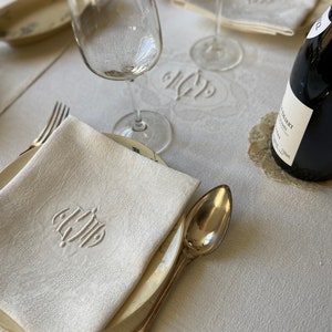 1 Set of Cotton and Flax Damask Linen Tablecloth and Napkins French Antique Embroidered Tablecloth and 12 Matching Napkins Monogram CM 1900s