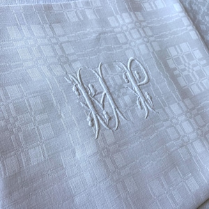 Set of 7 Antique French Embroidered Napkins, Cotton Linen Damask Weave Cloth Towels, Checkerboard Motif, Hand Stitched Monogram MP/HP, 1920