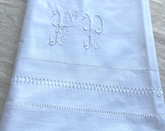 Rare Find! Hand Gathered French Antique Metis Linen Long Bolster Case, Embroidered Pulled Thread, Jour de Venise, Monogrammed FP, 1920s