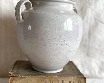 Antique French Confit Pot, Anthentic Off-White Glazed Earthenware Vase, Rustic Farmhouse Kitchen Decor, Shabby Chic Home, 1900