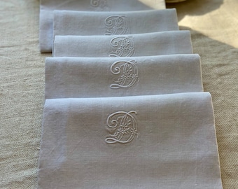 Rare find! Antique Torchons Natural Hemp Fiber Weave or Bath Towel, French Nubby Gray Linens from France, Hand Embroidered Monogram D, 1900