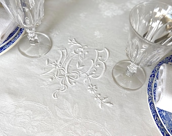 Antique French Cotton Damask Tablecloth, Virginia Creeper and Rose Flower Motif, Table Cover Hand Embroidered Double MB Monogram, 1900
