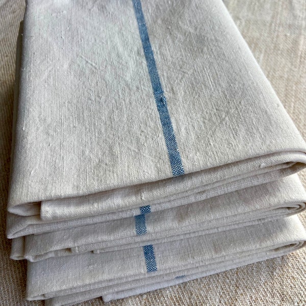 Rare find! Hard to find Blue Stripe Antique Natural Hemp Fiber Weave Kitchen or Bath Towel, French Heavy Duty Nubby Linens from France 1900