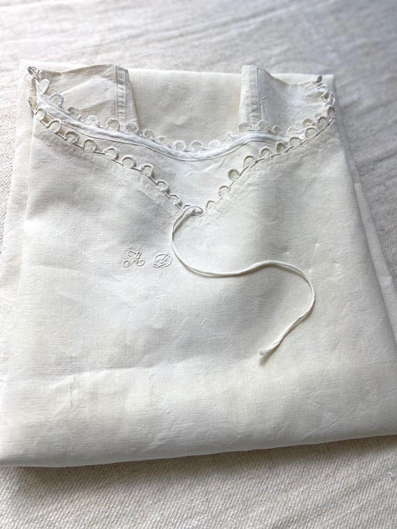 Authentic Hand Gathered, French Antique Pure Flax Linen Chemise or Nightgown, Rustic Dress, Monogram AD, Scalloped Edge Garment, 1900