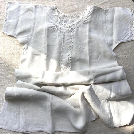 Monogram MM, Authentic Pure Natural Organic Hemp Linen Fabric Nightgown, Hand Stitched Chemise, Antique French Linens, Hand Gathered, 1900