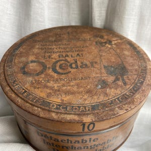 One Vintage Tin Box with Round Lid, French Country Kitchen Decor, Metal Storage, O&#39;cedar Brand Brown Tin, 1950s