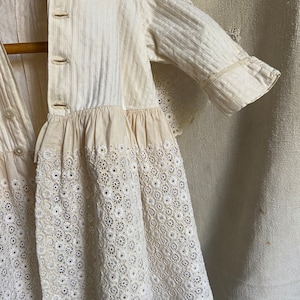One Antique French Baptism Coat Heirloom handmade eyelet cotton embroidery hand gathered 1900 Victorian christening communion for toddler