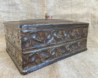 Rare French Antique Large Tin Box Silver Plated Metal, Shabby Chic Home, French Country Decor, Wild Blackberries Embossed Tin, 1920s