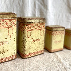 Rare Find! 5 Antique Nesting Tin Boxes with Hinged Lid, French Country Kitchen Decor, Shabby Chic Storage, Orange and Cream Color, 1900