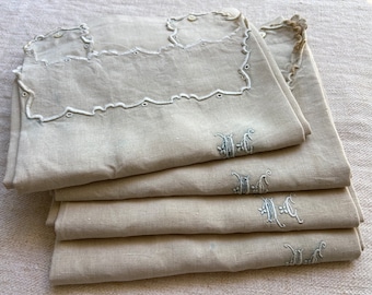 Antique Nightgowns, Size XL,French Flax Linen Chemise, Monogram MC, Mother of Pearl Original Buttons, Handmade Embroideries,Night Dress 1900