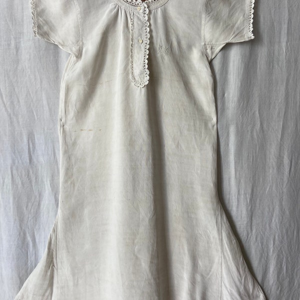 Monogram MM Authentic Pure Flax Linen Fabric Nightgown Hand Stitched Chemise Smock, Crochet Lace Homespun Natural Fibers Hand Gathered 1900