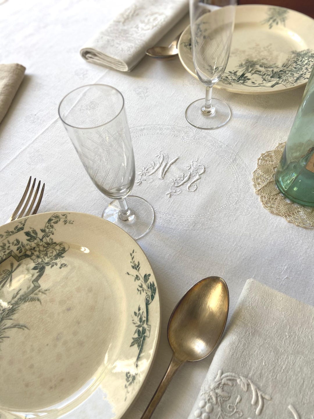 French Antique Hand Embroidered Damask Weave Flax and Cotton Linen ...