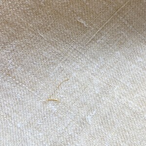 May include: Close-up of a beige fabric with a subtle herringbone weave. The texture is slightly rough, with small, irregular white flecks and a few loose threads. The fabric has a natural, organic appearance.