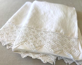 Antique French Country Table Cover, Authentic  Nubby Hemp Linen Tablecloth, Bed Cover, Hand Crocheted Lace Edges, 1900