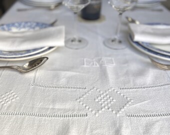 One Large Size Cotton Damask Linen Tablecloth French Embroidered Tablecloth Geometric and Plumetis Design Monogram AMD 1930s