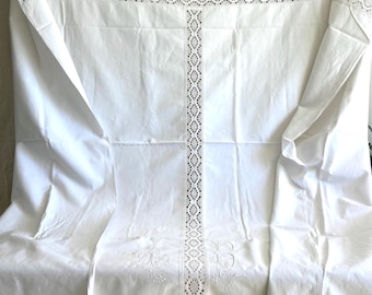 Exceptionnal Antique French Cotton Linen Queen Size Sheet, Trousseau Linens XXL Size, XL Hand Embroidered Monogram LB, 1900