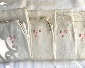 Rare find! Pure Heavy Hemp Cloth Antique Aprons, Classic French Cottage Farmhouse Handwoven Overskirt, Red Cross Stitched Monogram BDC, 1800