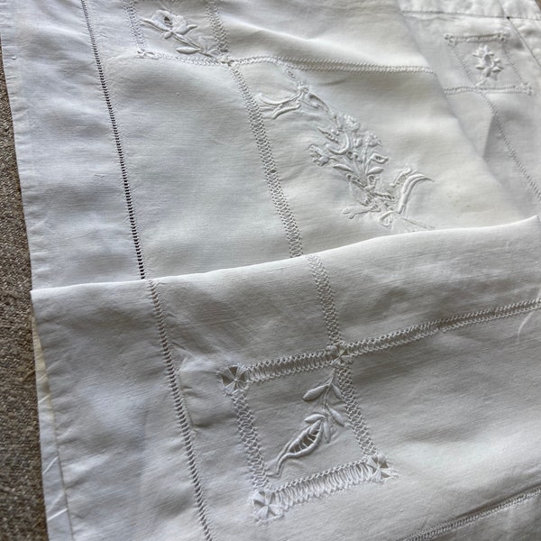 One Handmade French Antique Flax Linen Pillowcase with Flower Motif All Hand Gathered and Embroidered, Extensive Pulled Work 1920 period