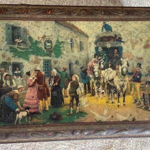 One Antique Tin Box with Hinged Lid, French Country Kitchen Decor, Metal Storage, 1800 Era French Scene with Horse Carriage, 1920s