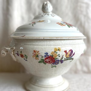 Antique French Soup Tureen: Digoin Sarreguemines Tulip Ironstone, 1920s Shabby Chic