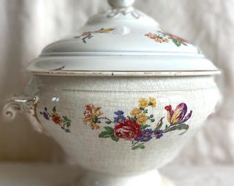 Antique French Soup Tureen: Digoin Sarreguemines Tulip Ironstone, 1920s Shabby Chic