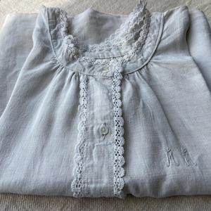 Monogram MM Authentic Pure Hemp Linen Fabric Nightgown Hand Stitched Chemise Smock, Crochet Edge, Homespun Natural Fibers Hand Gathered 1900