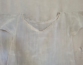 MA Monogram Antique French Pure Hemp Linen XL Chemise Medium Sleeve Nightgown, Hand Made Embroidery, Rustic Linen Night Dress 1900 Period