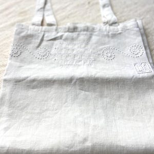 Antique Flax Linen Fabric Short Top, Size S or Small M, Embroidered Monogram LF, Pulled Work, Plumetis Stitch, Sleeveless Shirt, 1900s