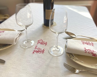 Cotton Damask Weave Tablecloth, Rectangle Table Cover with a Checkerboard Motif, Handmade Rhine Red, Cross Stitched Monogram VP, 1900