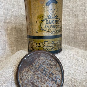 Caixa de lata vintage redonda verde-oliva da marca Elesca com tampa, decoração de cozinha francesa, caixa de armazenamento de metal com açúcar em pó, decoração de brinquedo antigo, década de 1930