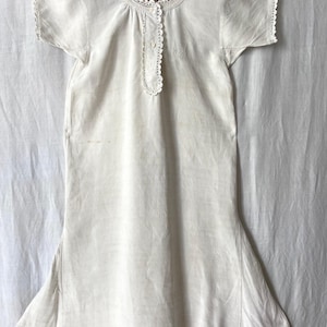 Monogram MM Authentic Pure Flax Linen Fabric Nightgown Hand Stitched Chemise Smock, Crochet Lace Homespun Natural Fibers Hand Gathered 1900