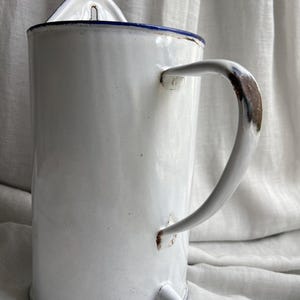 Antique White Enamel French Country Home Decor, Metal Storage Container, Solid White and Blue Lining Canister, Shabby Chic Home, 1900