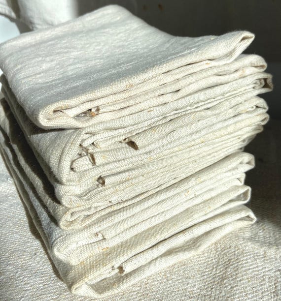 French Antique Pure Nubby Hemp Linen Kitchen Towels, Natural Raw Fiber, Rustic Hand Woven Linen, Homespun Authentic Torchons, 1900