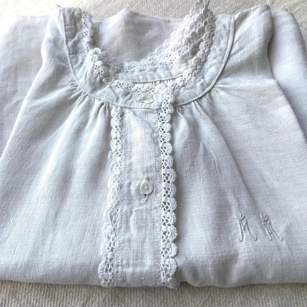 Monogram MM Authentic Pure Hemp Linen Fabric Nightgown Hand Stitched Chemise Smock, Crochet Edge, Homespun Natural Fibers Hand Gathered 1900