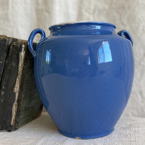 Rare Find! Small Antique Deep Blue Confit Pot, Vase, Blue Glaze, Handmade Earthenware, Authentic French Country Farm Kitchen Homeware, 1900s