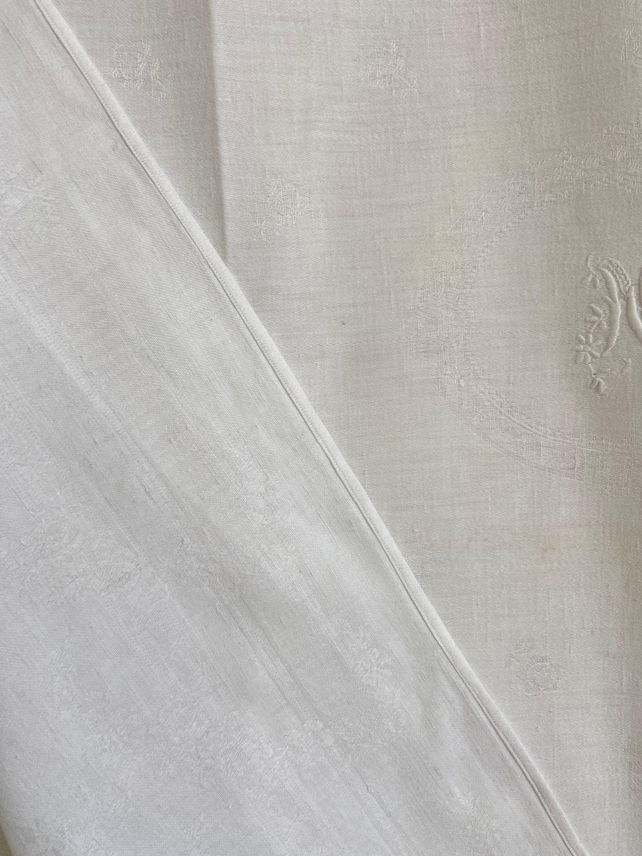 French Antique Hand Embroidered Damask Weave Flax and Cotton Linen ...