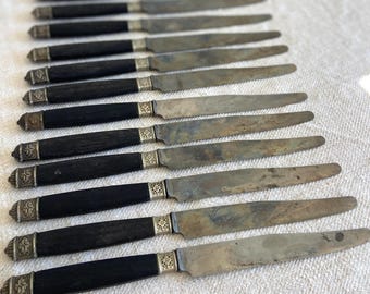 12 Antique French Knives with Ebony Handle, Silver Metal Knives in Original Box, Stamped Cutlery, Dining Table Decor, 1880