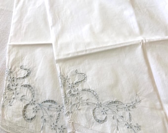 Antique Long Split Culotte, Bloomers or Shorts in Cotton Linen, Side Open Work Motif, Lacy Edges, Embroidered Monogram CS or ES 1900