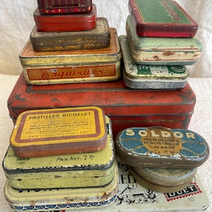 Set of 14 Antique Tin Boxes in various sizes and Hinged Lid, French Country Kitchen Decor, Shabby Chic Storage, Orange and Cream Color, 1900