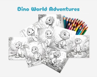 May include: A set of eight black and white coloring pages featuring cute cartoon dinosaurs in various poses. The pages are designed for children to color and are perfect for a fun and educational activity.